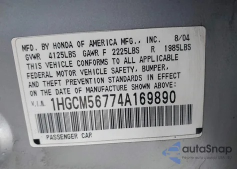 2004 Honda Accord 2.4 Ex from USA, damaged, VIN 1HGCM56774A169890